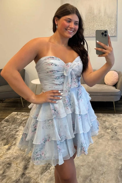 Pretty A Line Sweetheart Blue Floral Printed Short Homecoming Dress with Ruffles DP7368