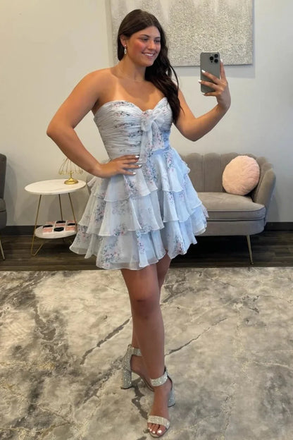 Pretty A Line Sweetheart Blue Floral Printed Short Homecoming Dress with Ruffles DP7368