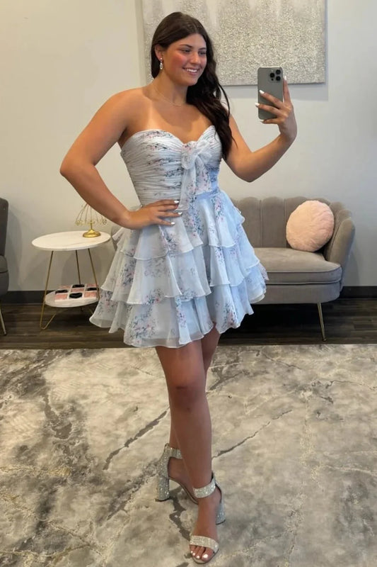 Pretty A Line Sweetheart Blue Floral Printed Short Homecoming Dress with Ruffles DP7368