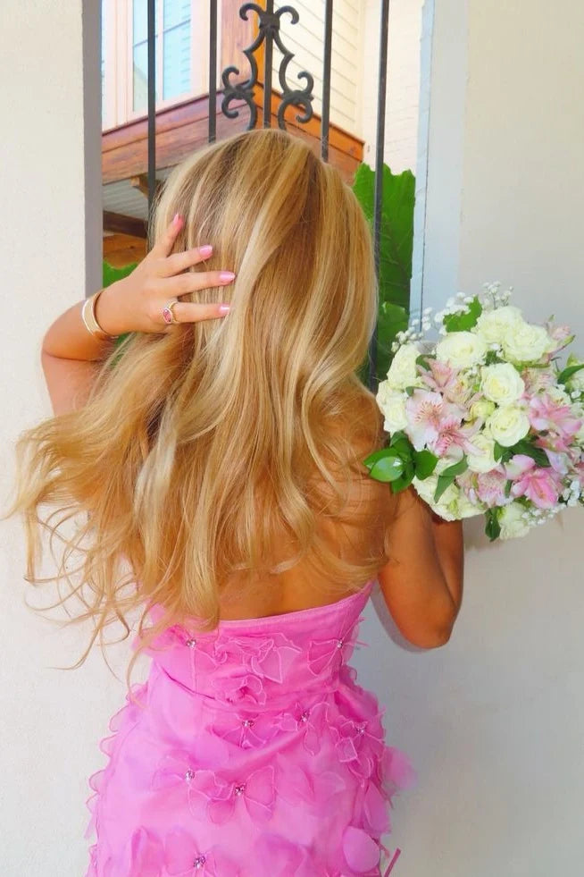 Cute Sheath Strapless Pink Short Homecoming Dress with Appliques DP7285