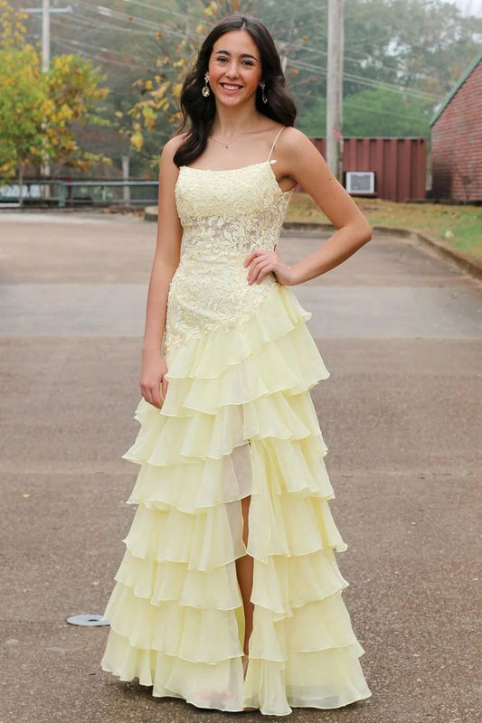 Cute Yellow Mermaid Spaghetti Straps Long Lace Prom Dress with Slit DP7729