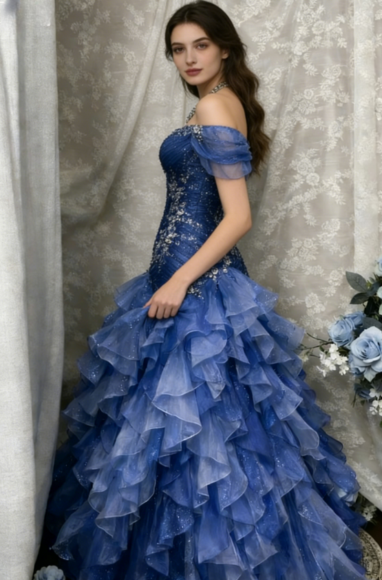 Blue Dreamy Mermaid Exquisite Beaded Layered Ruffle Tulle Prom Dress Evening Gown DP5039