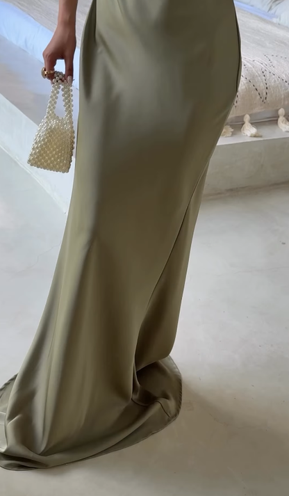 Elegant Sage Green Sheath V Neck Satin Long Prom Dress Party Dress DP4900