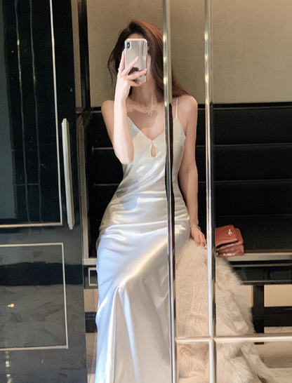 Simple Mermaid Spaghetti Strap Satin Prom Dress Evening Dress DP4484
