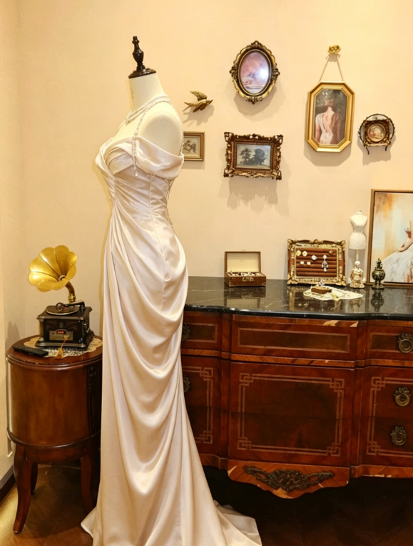 Elegant Mermaid Off the Shoulder Pearl Pleated Satin Prom Dress 21th Birthday Dress DP3917