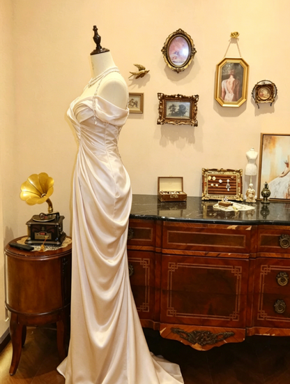 Elegant Mermaid Off the Shoulder Pearl Pleated Satin Prom Dress 21th Birthday Dress DP3917