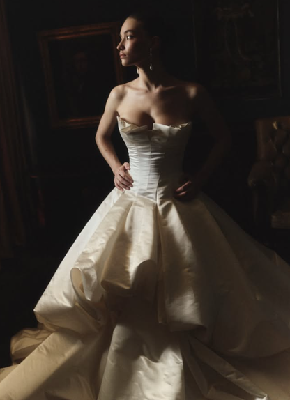 Unique Ball Gown Strapless Pleated Ivory Satin Long Train Wedding Dress DP5825