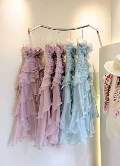 Stunning A Line Strapless Ruffle Pink Chiffon Prom Dress Evening Dress with Slit DP5916