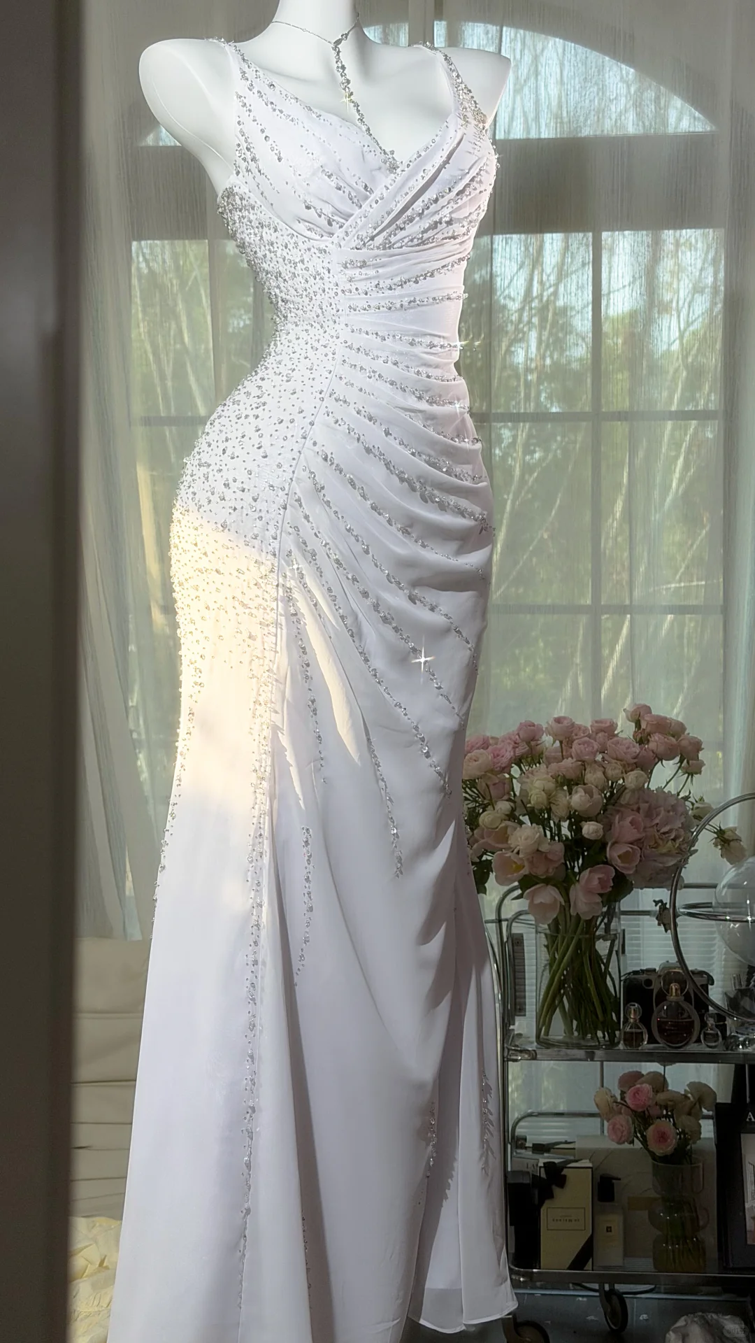2000s Fairy Vintage White Beaded Chiffon Long Prom Dress DP5153