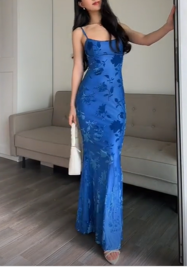 Blue Spaghetti Straps Satin Print Prom Gown Mermaid Evening Dress DP710