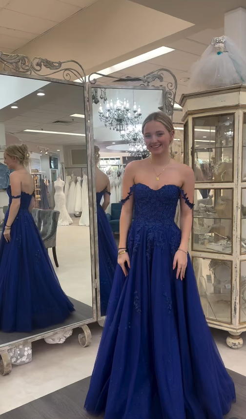Navy Blue A Line Straps Appliques Tulle Long Prom Dress Evening Dress DP5945