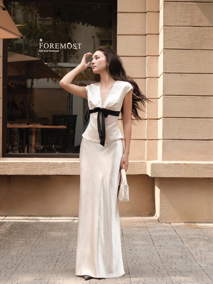 Classic Ivory Sheath V Neck Black Bow Satin Long Prom Dress Party Dress Outfits DP4528