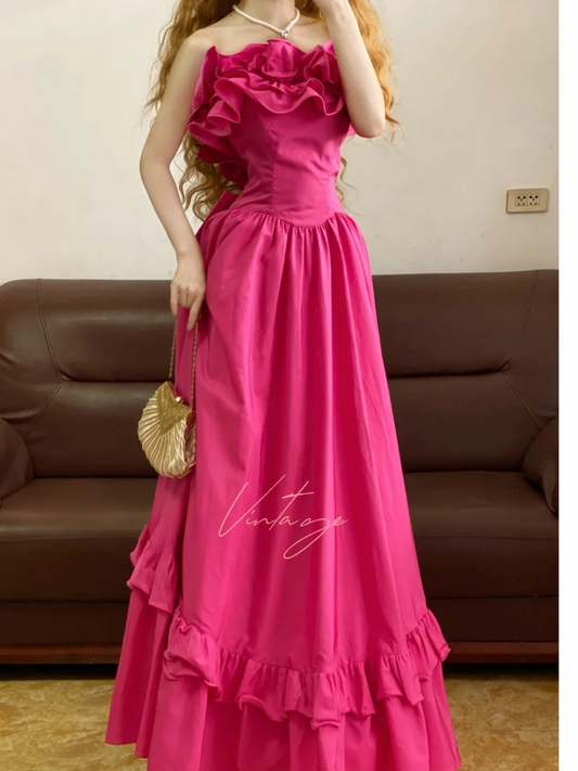Vintage Hot Pink A Line Strapless Simple Satin Prom Dress Outfits DP4573