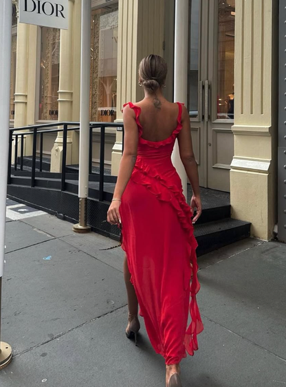 Red Sheath Straps Ruffle Chiffon Prom Dress Evening Dress with Slit DP1497
