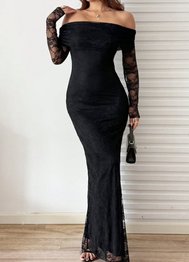 Sexy Sheath Long Sleeve Black Lace Long Prom Dress Evening Dress DP6694