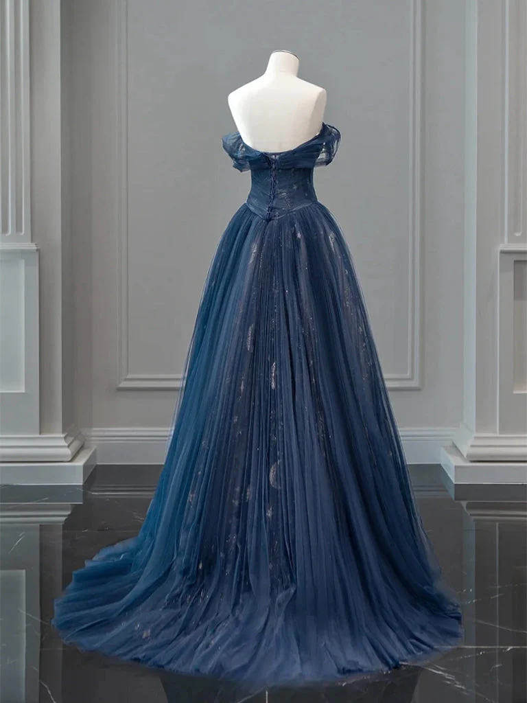 Off Shoulder Tulle Lace Dark Blue Long Prom Dress Elegant Evening Dress  DP416