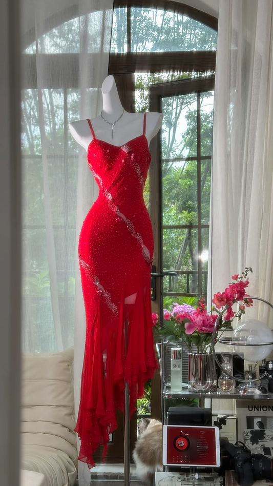 Red Sexy Pretty Flowy Beaded Ruffle Chiffon Prom Dress Date Dress Evening Dress DP2951