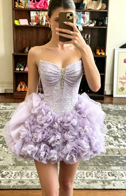 Gorgeous A Line Strapless Rhinestone Sequin Tulle Short Homecoming Dress Cocktail Dress DP2641
