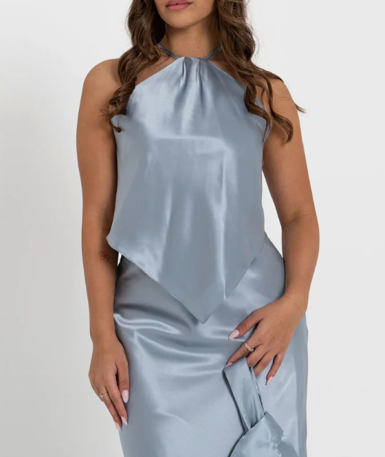 Chambray Blue Elegant A Line Halter Satin Backless Bridesmaid Dress DP4973