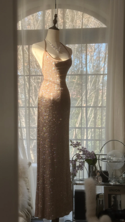 Sexy Sheath Halter Sequin Long Open Back Party Dress Evening Dress DP2477