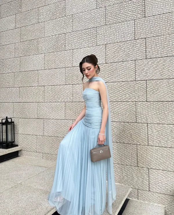 Flowy A Line Strapless Blue Chiffon Long Prom Dress Party Dress DP2750