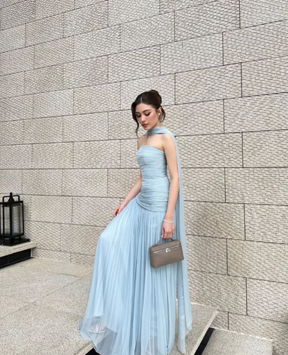 Flowy A Line Strapless Blue Chiffon Long Prom Dress Party Dress DP2750