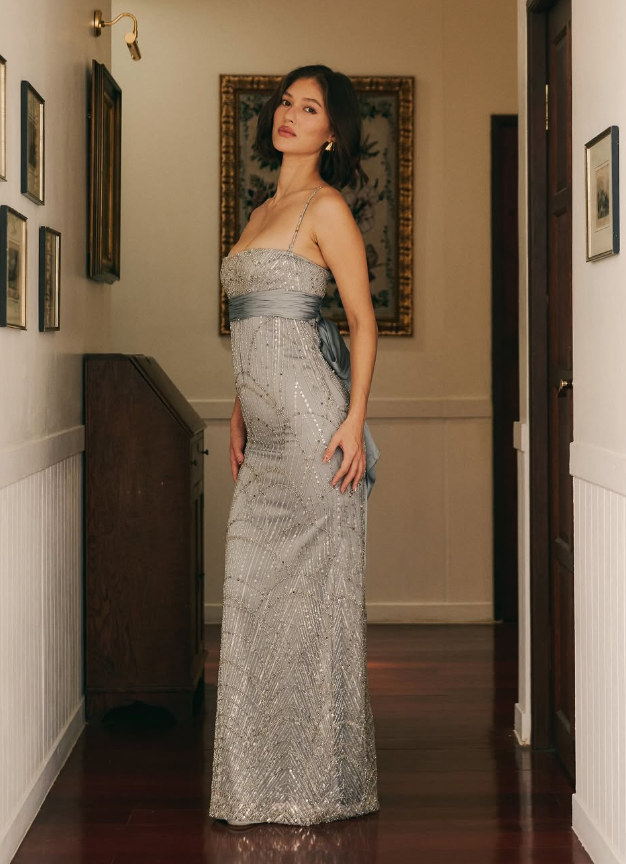 Grey Sheath Spaghetti Strap Sequin Tulle Satin Long Prom Dress Evening Dress DP4767