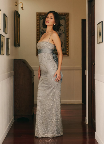 Grey Sheath Spaghetti Strap Sequin Tulle Satin Long Prom Dress Evening Dress DP4767