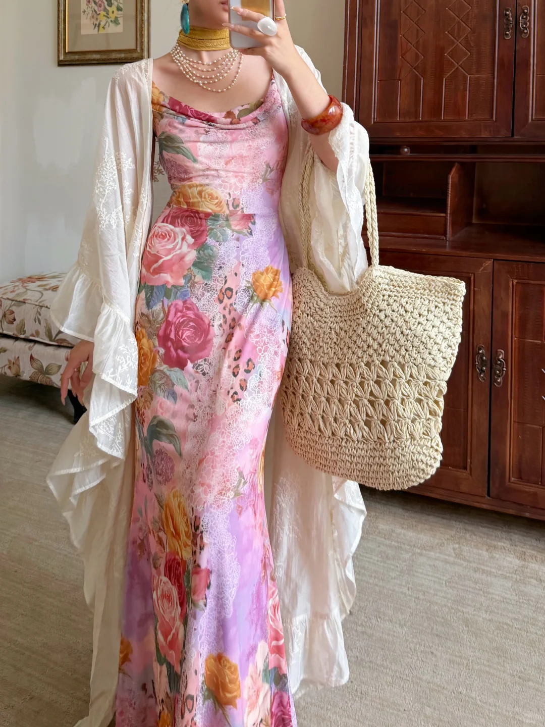 Beautiful Sheath Spaghetti Straps Pink Printed Floral Chiffon Long Prom Dress Evening Dress DP6786