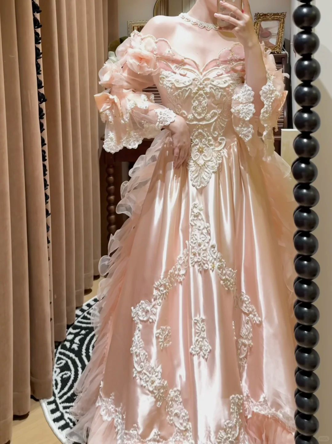 Sweety A Line Long Sleeve Appliques Pink Organza Satin Prom Dress Party Evening Dress DP5325