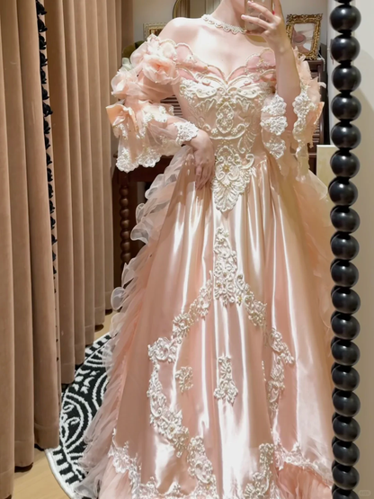 Sweety A Line Long Sleeve Appliques Pink Organza Satin Prom Dress Party Evening Dress DP5325