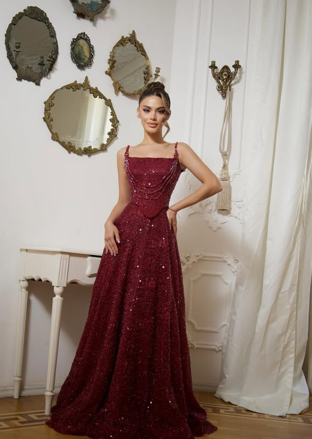 Shiny Burgundy A Line Spaghetti Strap Sequin Long Prom Dress Evening Dress DP6051
