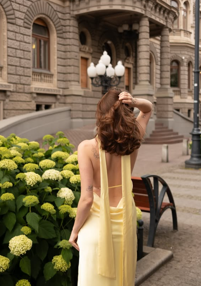 Simple Yellow A Line Halter Satin Open Back Prom Dress Evening Dress DP5403