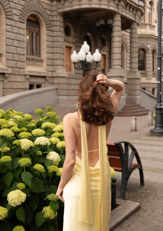 Simple Yellow A Line Halter Satin Open Back Prom Dress Evening Dress DP5403