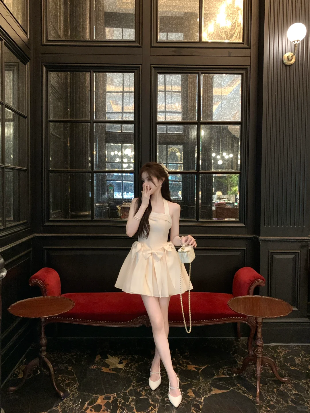 Cute A Line Halter Light Champagne Satin Short Homecoming Dress with Bow DP2698