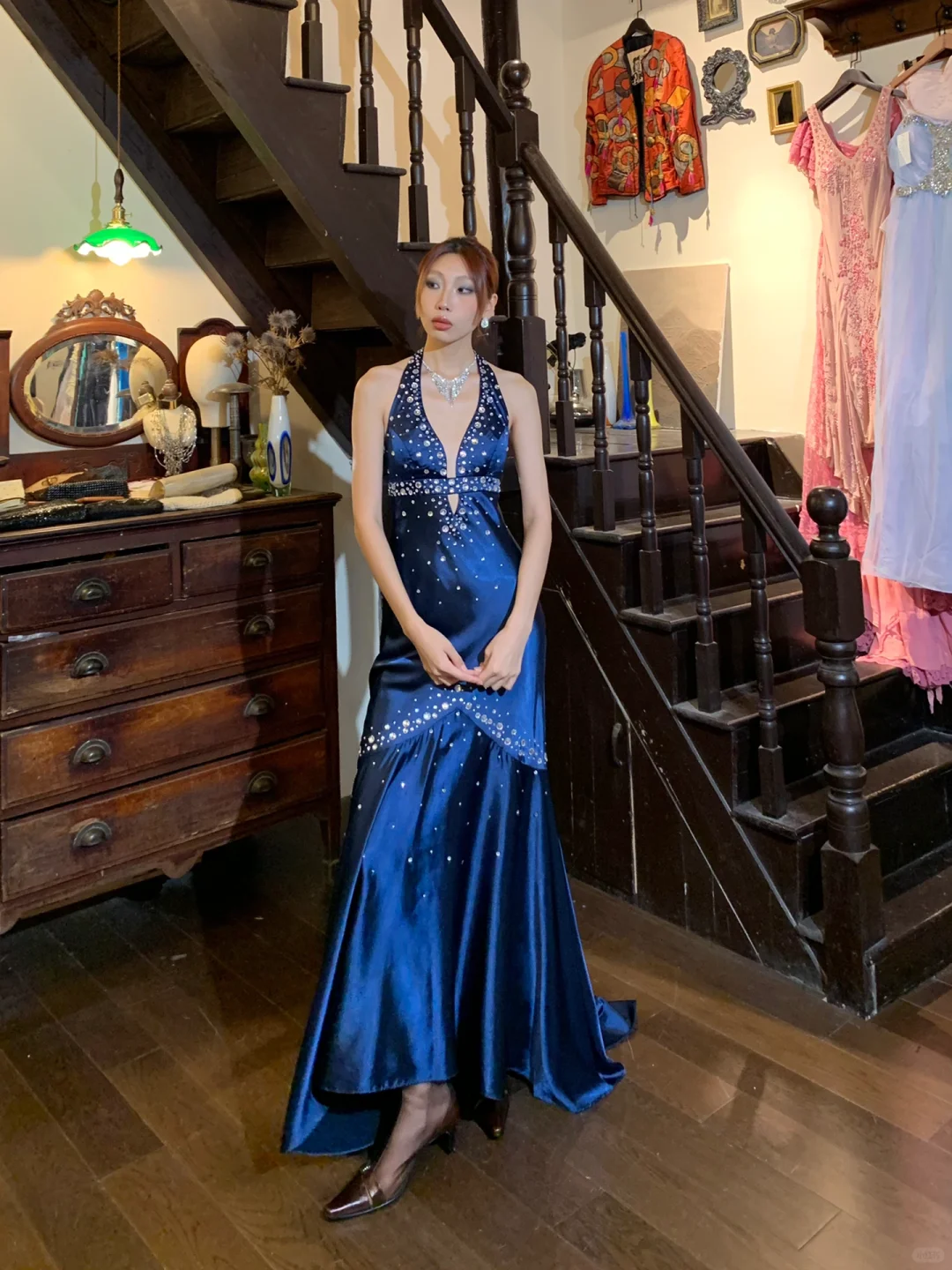 Vintage Mermaid Halter Rhinestone Blue Satin Open Back Long Sweep Party Dress Evening Dress DP2431