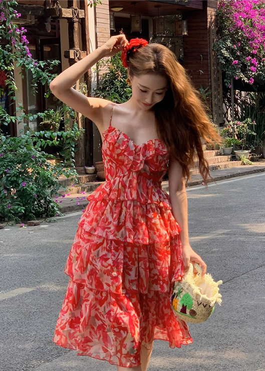 Red Print Floral A Line Spaghetti Strap Layered Chiffon Short Homecoming Dress Vacation Dresses DP3643