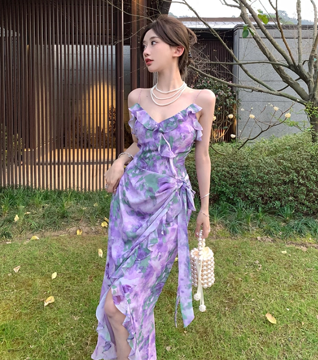 Mermaid Strap Print Floral Purple Chiffon Party Dress Evening Dress Outfits DP3406