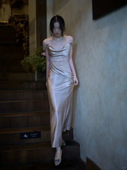 Elegant Sheath Spaghetti Strap Lace Satin Long Prom Dress Party Dress Outfits DP4533