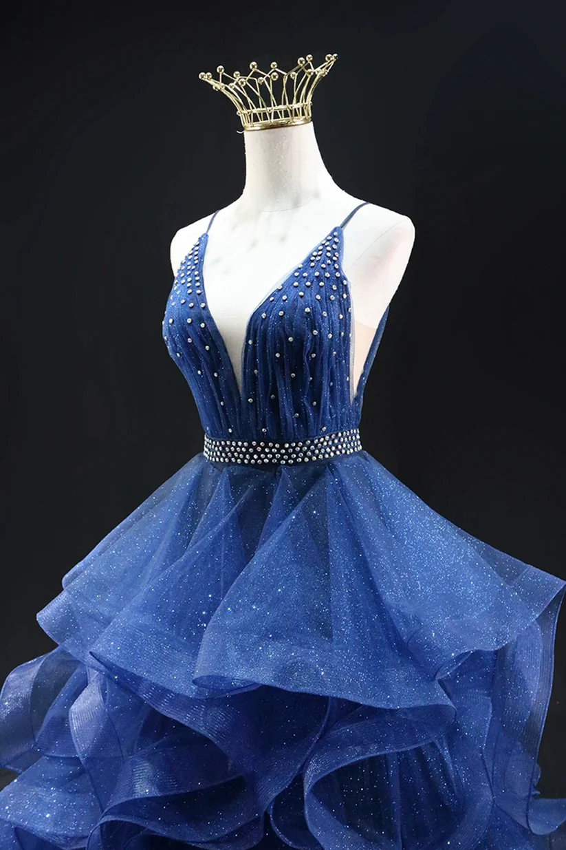 Glitter Blue Tulle Beaded Long Prom Dress V-Neck Spaghetti Strap Evening Party Dress DP484