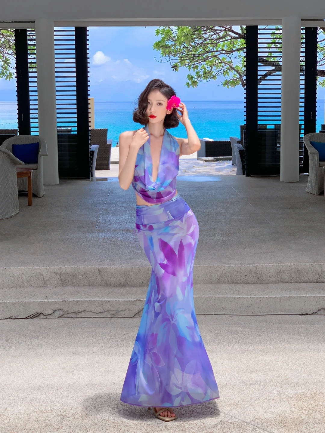 Two Piece Mermaid Halter Purple Print Floral Chiffon Long Prom Dress Outfits DP3849