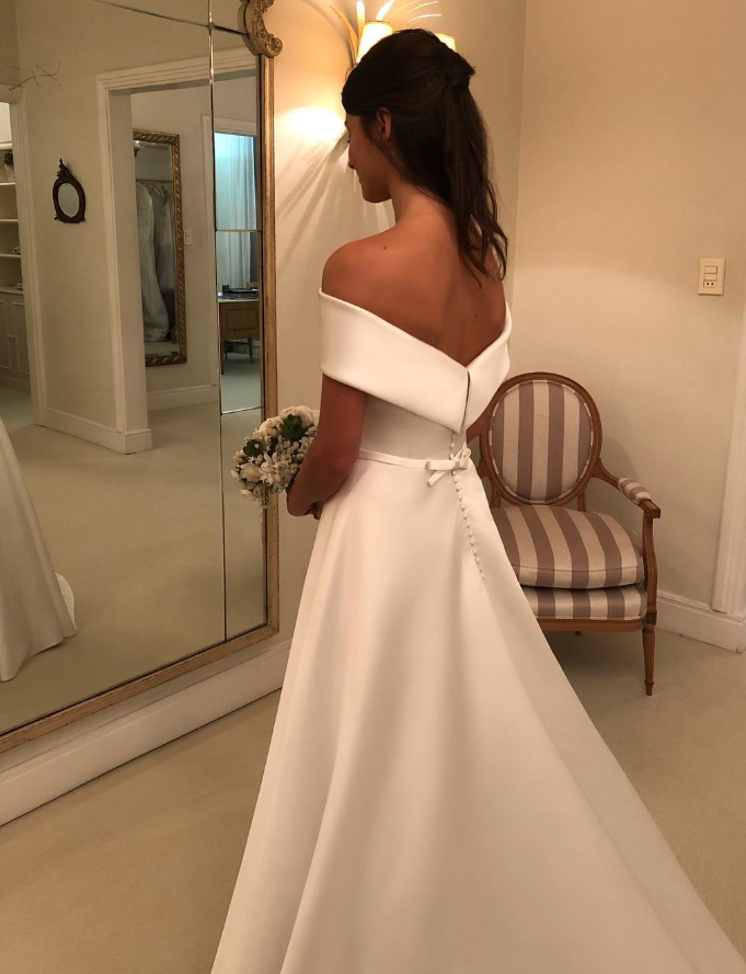 Classic A Line Off the Shoulder White Satin Long Wedding Dress DP4904