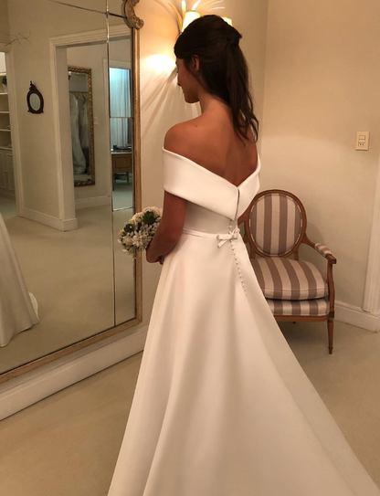 Classic A Line Off the Shoulder White Satin Long Wedding Dress DP4904