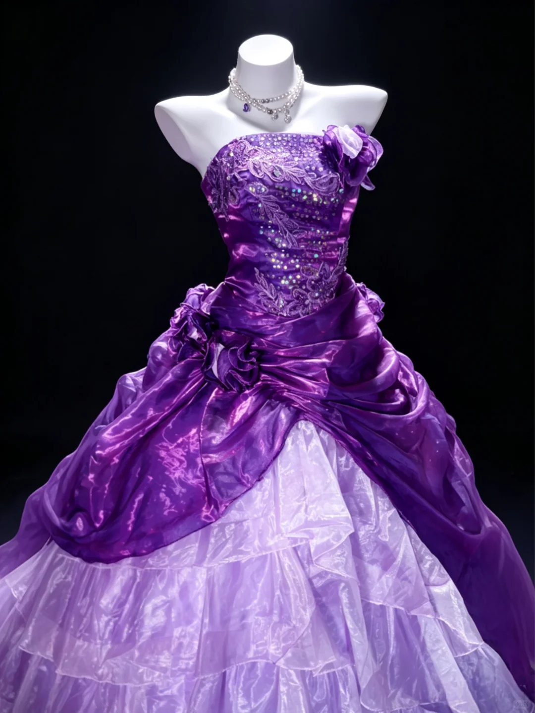 Vintage A Line Strapless Beaded Layered Organza Satin Prom Dress Party Evening Dress DP5345