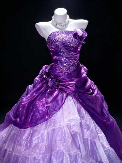 Vintage A Line Strapless Beaded Layered Organza Satin Prom Dress Party Evening Dress DP5345