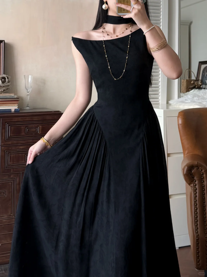 Classic Simple A Line Black Satin Long Prom Dress Evening Dress DP5647