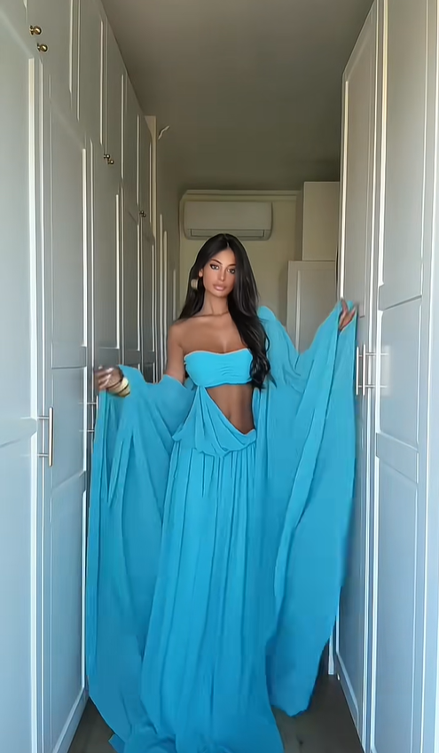 Stunning Blue A Line Strapless Flowy Chiffon Long Prom Dress Date Dress DP4516