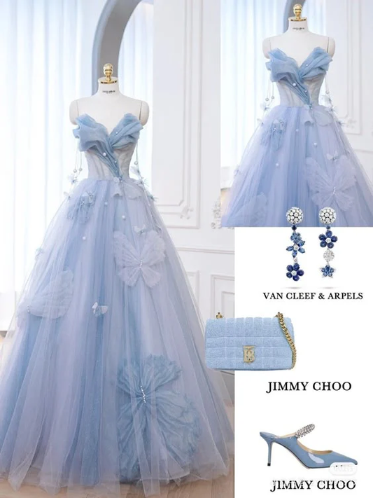 Cute Sweetheart Tulle Long Blue Floor Length Prom Dress Ball Gown DP180