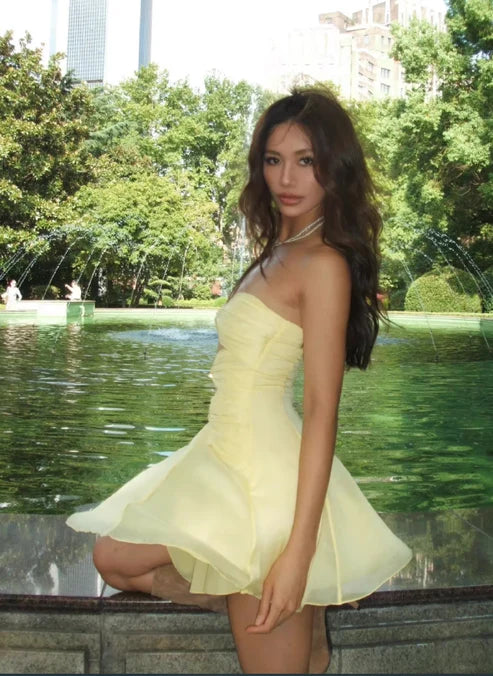 Cute Yellow A Line Sweetheart Neck Organza Short Prom Dress Homecoming Dress DP6408