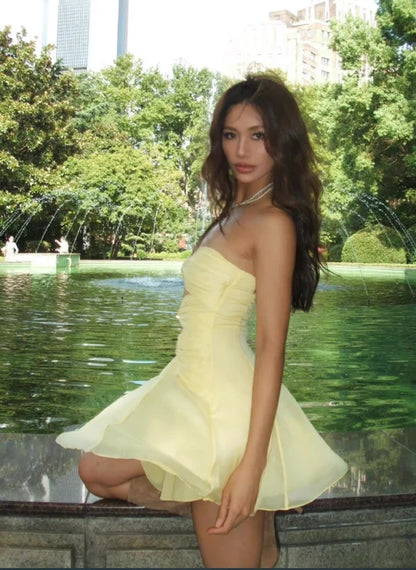 Cute Yellow A Line Sweetheart Neck Organza Short Prom Dress Homecoming Dress DP6408